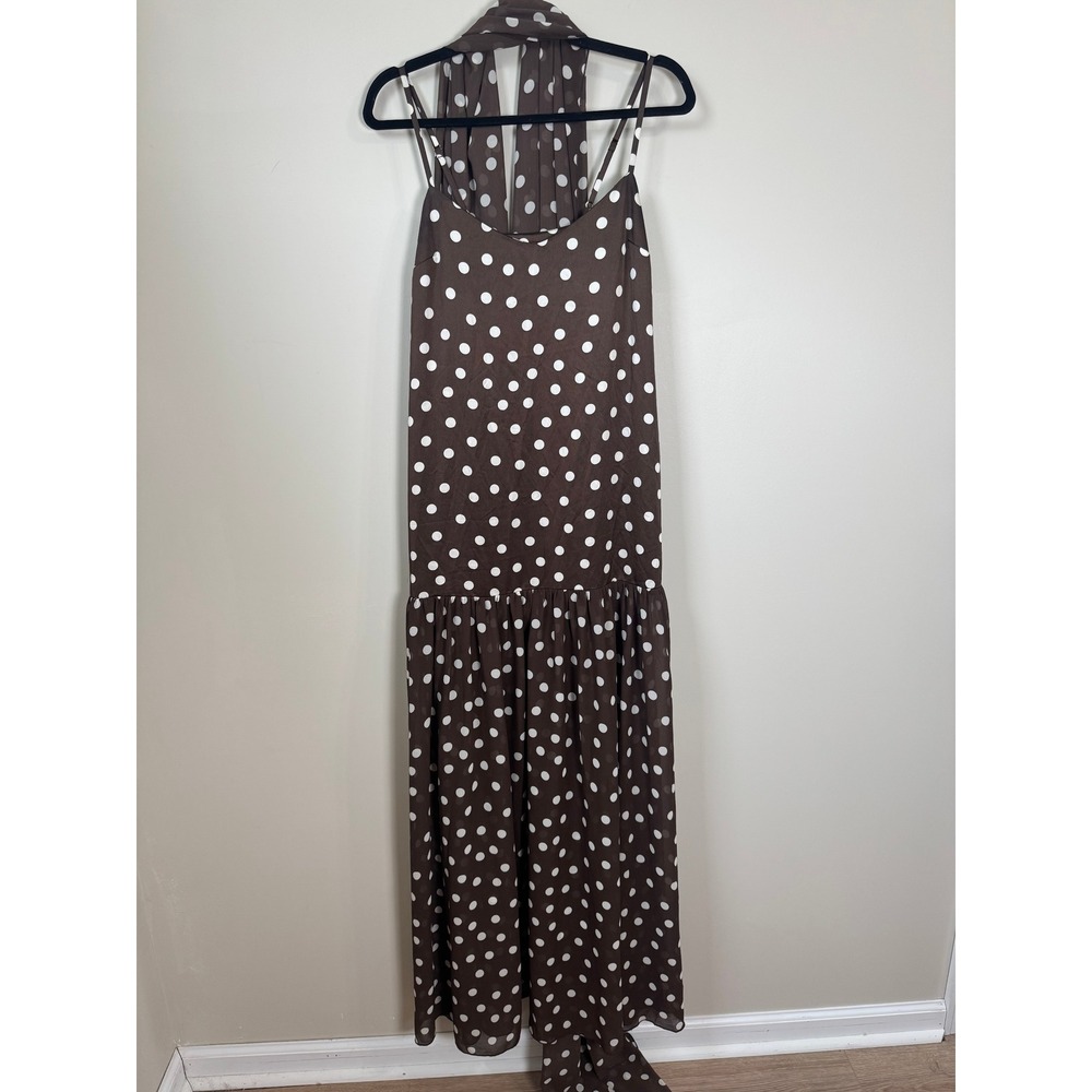 Show Me Your Mumu Brown Polka Dot Maxi Dress with Scarf XS Drop Waist Tiered - Picture 3 of 6